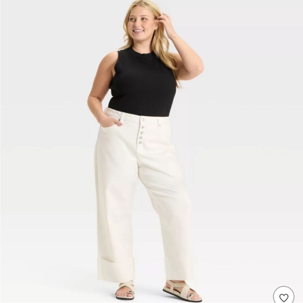 Ava & Viv - Women's High-Rise Cuffed Straight Jeans Cream White 17‎
